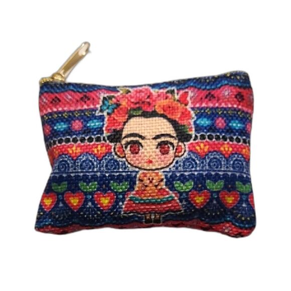 Frida Kahlo Coin Purse Makeup Bag Multi Color Zippered Blue PInk Mexico … - Picture 1 of 4